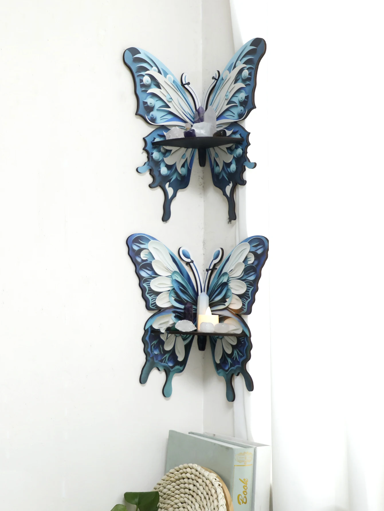 Home Essentials Bathroom Rack - 3 色蝶クリスタル棚ディスプレイキャンドル石フローティング壁棚家の装飾エッセンシャルオイルラックコーナー棚