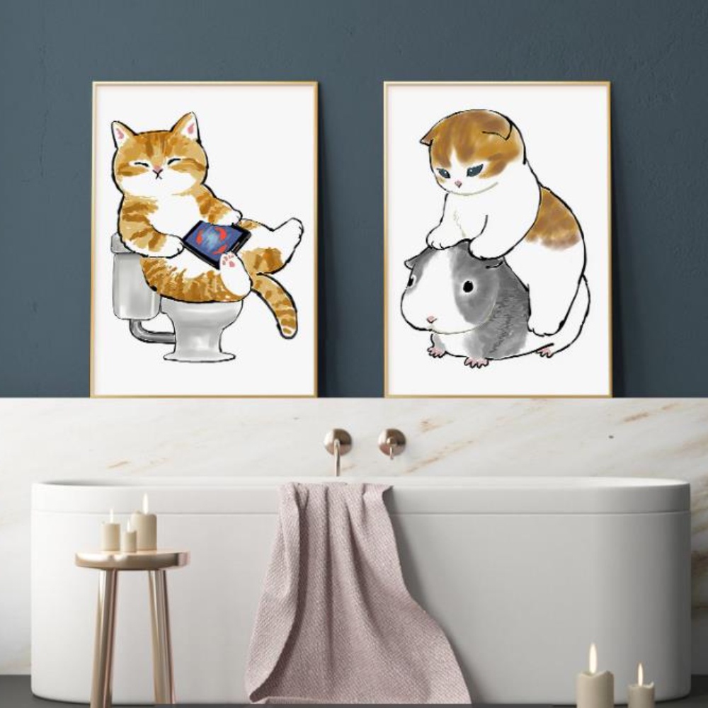 Home Bathroom Toilet - トイレ装飾画 モダンシンプルなバスルームトイレ猫ペット壁画 キャンバス絵画 壁アート絵画 ホームデコレーション用