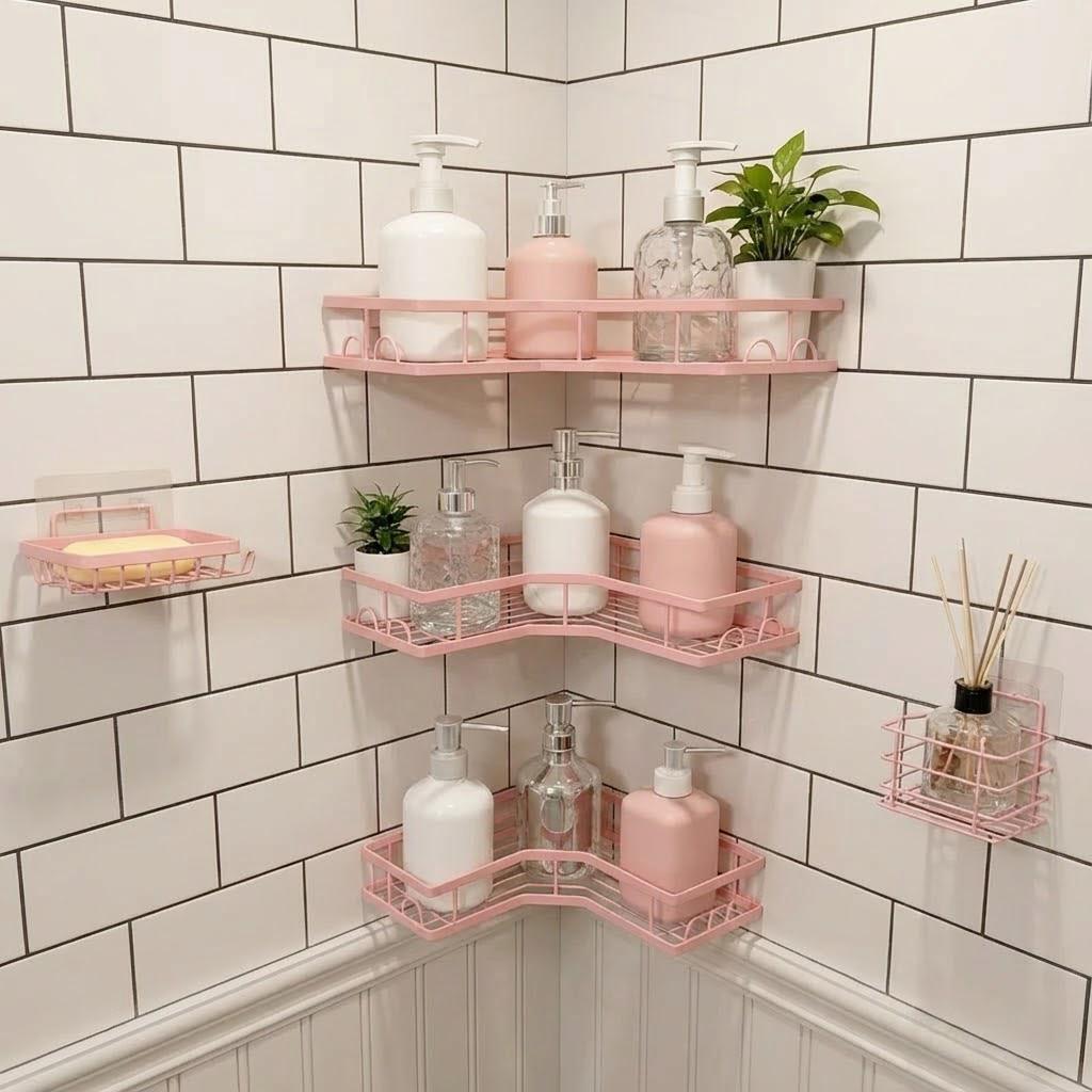 Home Essentials Bathroom Rack - 5個入り ミニマリスト ピンク シャワーオーガナイザーセット 穴あけ不要 粘着式