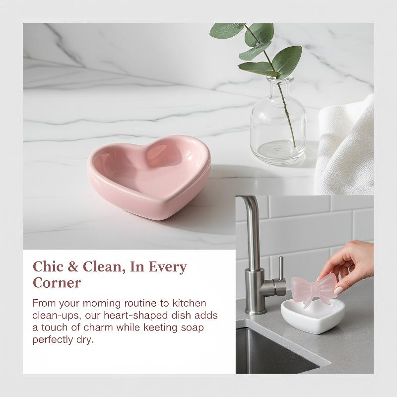 Home Bathroom Design - かわいいリボンハート型のセラミック製ソープディッシュ、水切り機能付き、バスルームの洗面台やカウンターのトップに置くためのホームデコレーション