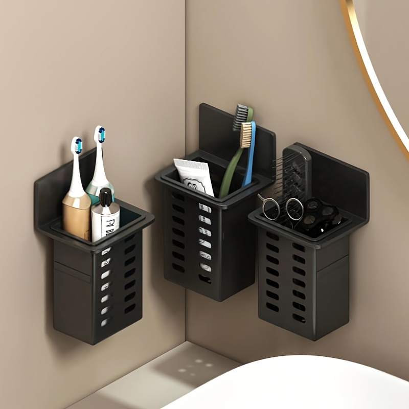 Home Essentials Bathroom Rack - プラスチック製壁掛け歯ブラシホルダー（排水機能付き）、収納ラック、化粧品オーガナイザー、設置不要、箸ホルダー、ペンホルダー、多機能キッチンバスケット、バスルーム収納オーガナイザー、家庭用必需品収納ラックの1/2個セット