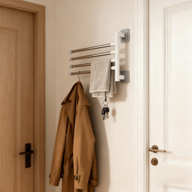 Home Essentials Bathroom Rack - モダンなミニマリストフローティングタオルラック（回転式ロッド付き）- 3/4/5段、ドリル不要の金属製収納ラック（バスルーム＆家庭用品用）