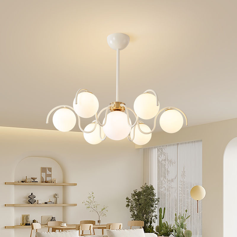 Home Bathroom Lighting Design - クリームスタイルLEDシーリングシャンデリアランプデザインラウンドガラスサスペンションペンダントライト家の装飾モダンリビングルームハンギングライト