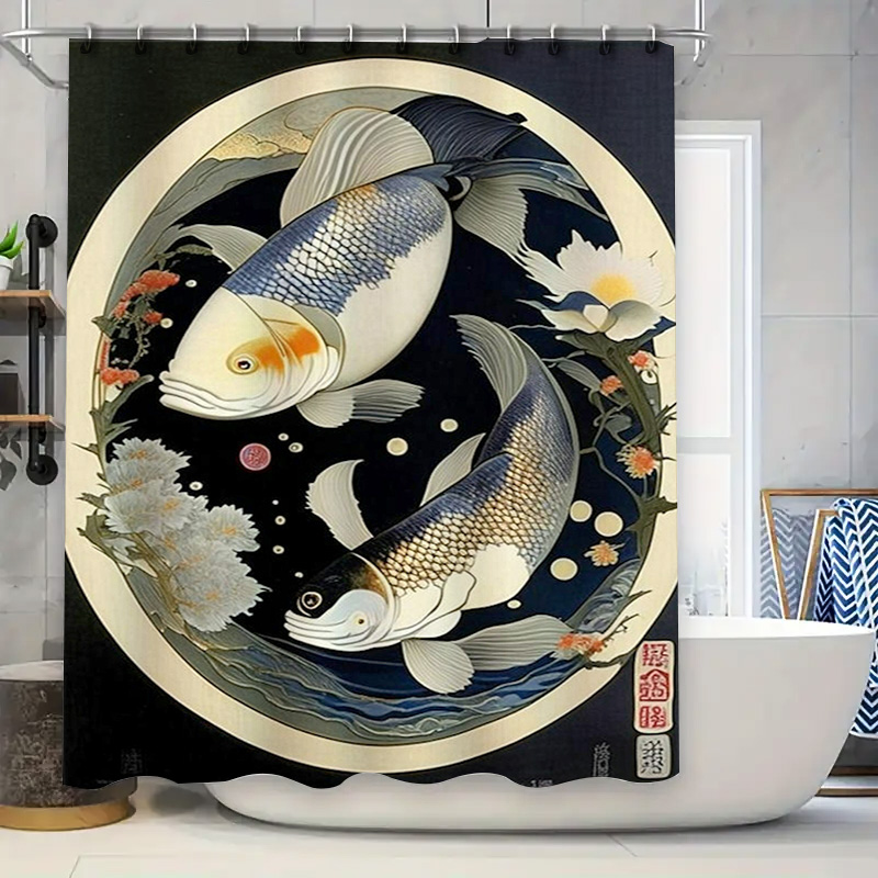 Japanese Home Bathroom Design - ヴィンテージ日本の魚プリントシャワーカーテン防水装飾ホームバスルームの装飾モダンな花柄生地シャワーカーテン