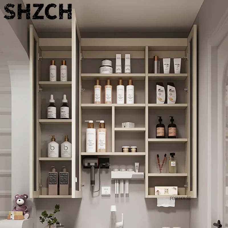 Home Bathroom Design - モダンな厚みのある浴室鏡、一体型スマート収納キャビネット付き、豪華な木製洗面台デザイン、家庭に便利