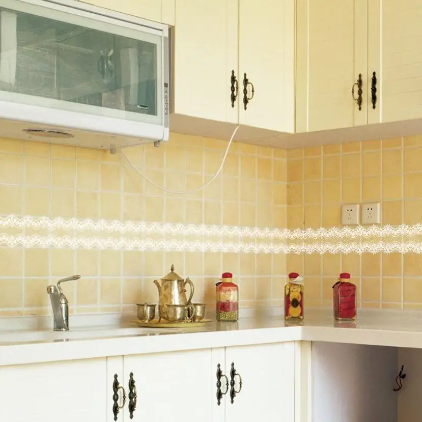 Home Bathroom Design - 甘いレースデザイン壁紙ボーダーステッカーキッチンタイルウエストライン窓ドアステッカー Diy バスルーム家の装飾 Ez060