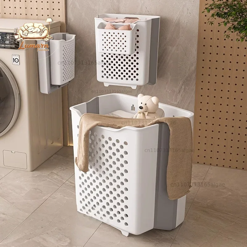 Japanese Home Bathroom Design - 折りたたみ式壁掛け式汚れた洗濯物用バスケット、浴室用衣類分別バスケット、和風デザイン、家庭用収納バスケット