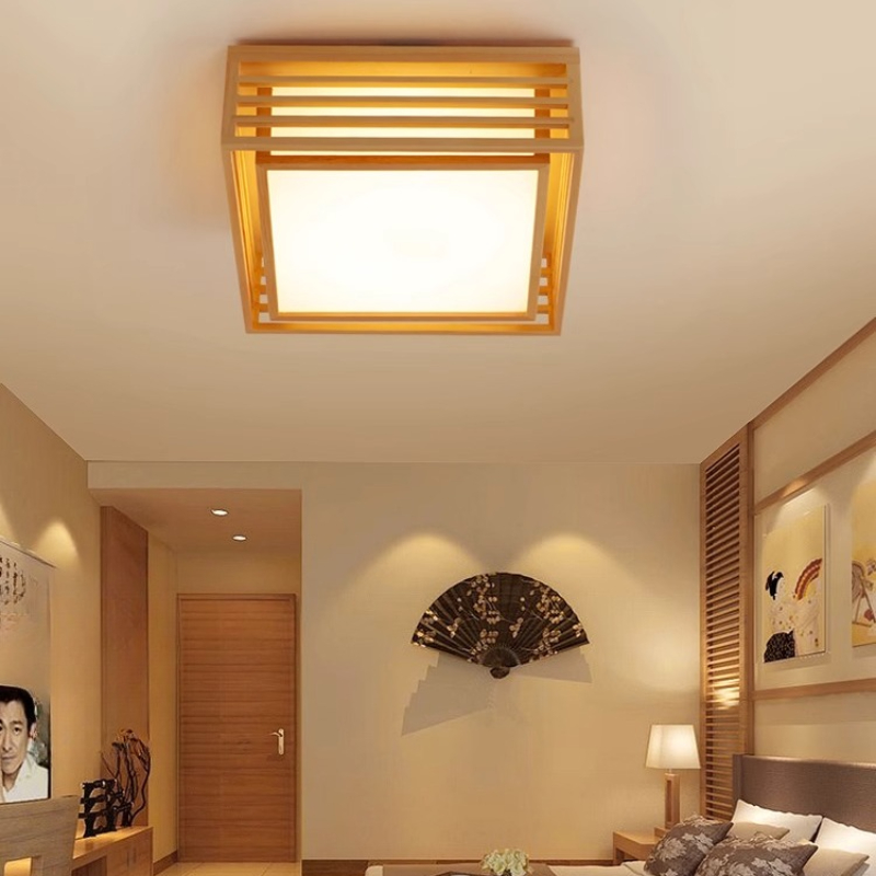 日本デザインログ木製スクエアLEDシーリングランプリビングル - Japanese Home Bathroom Design のレビューと価格