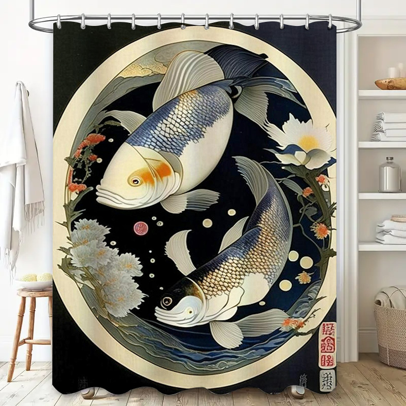 ヴィンテージ日本の魚プリントシャワーカーテン防水装飾ホームバ - Japanese Home Bathroom Design のレビューと価格
