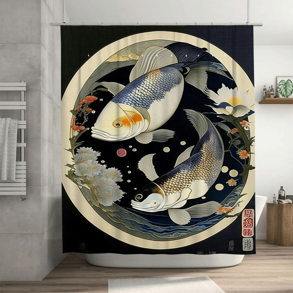 ヴィンテージ日本の魚プリントシャワーカーテン防水装飾ホームバ - Japanese Home Bathroom Design のレビューと価格