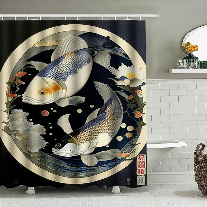 ヴィンテージ日本の魚プリントシャワーカーテン防水装飾ホームバ - Japanese Home Bathroom Design のレビューと価格