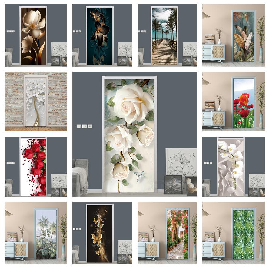 白バラの花の壁紙ドア自己粘着ホームデザインドアカバー寝室の浴 - Home Bathroom Design のレビューと価格